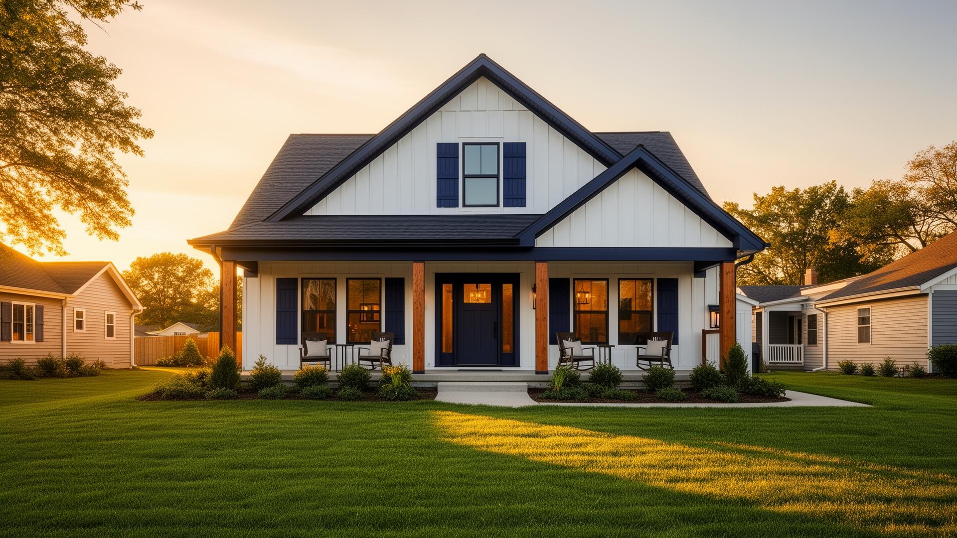 Modern farmhouse new construction home at golden hour